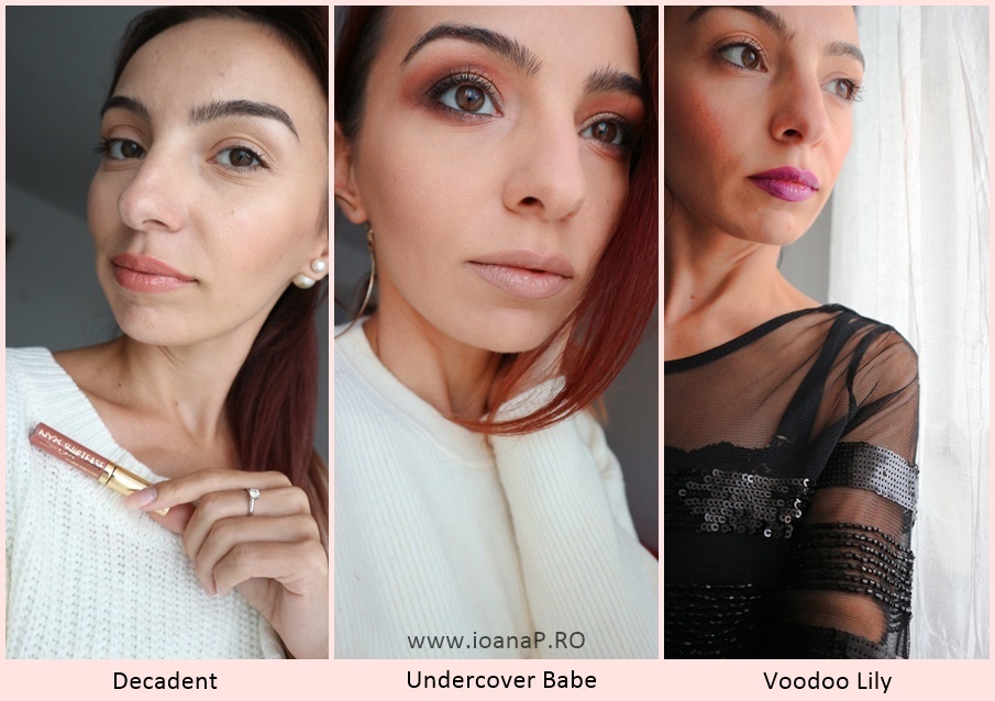 swatch ruj lichid NYX Professional Makeup Love Lust Disco Slip Tease nuantele Decadent - Undercover Babe - Voodoo Lily